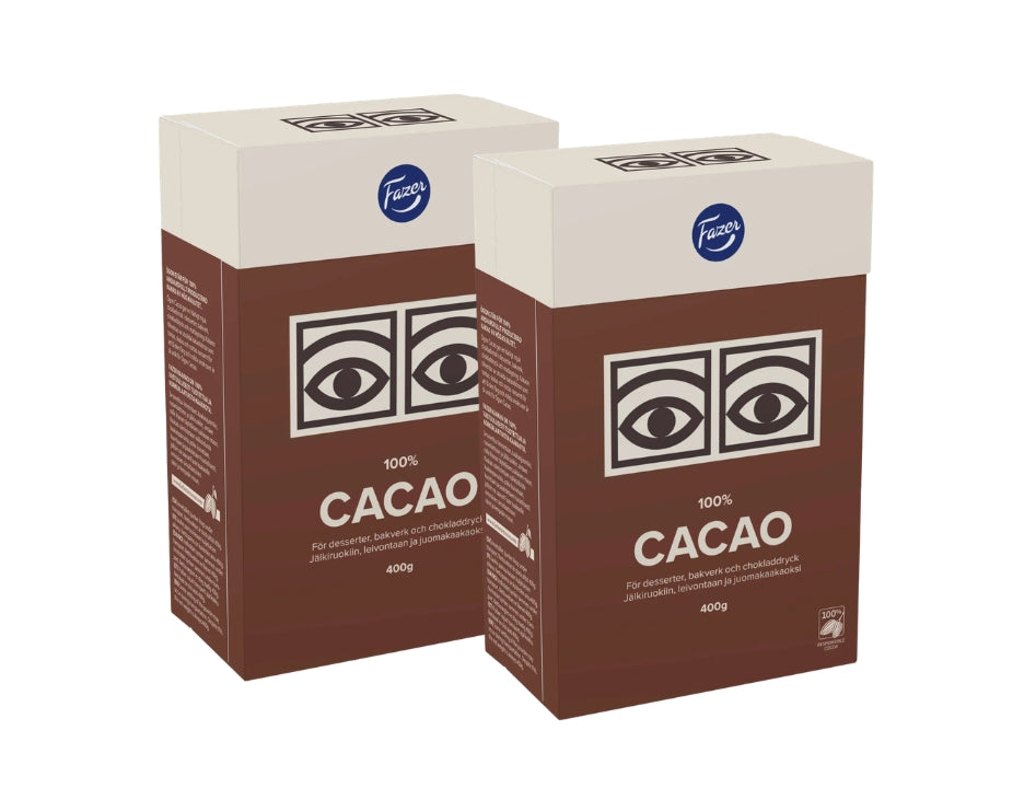 2 x Fazer Ögon Cacao 400g boxes – classic Swedish unsweetened cocoa powder with iconic eye logo, 100% cacao, made by Fazer

