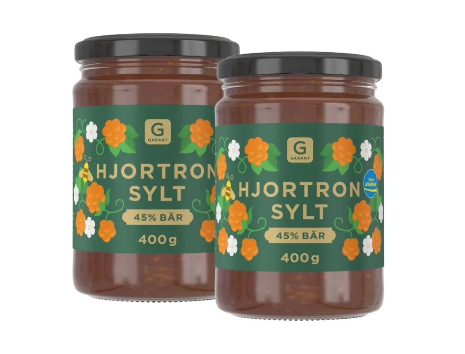 2 x Garant Hjortronsylt 400g 14.1 oz Swedish cloudberry jam jars with 45 percent Swedish cloudberries