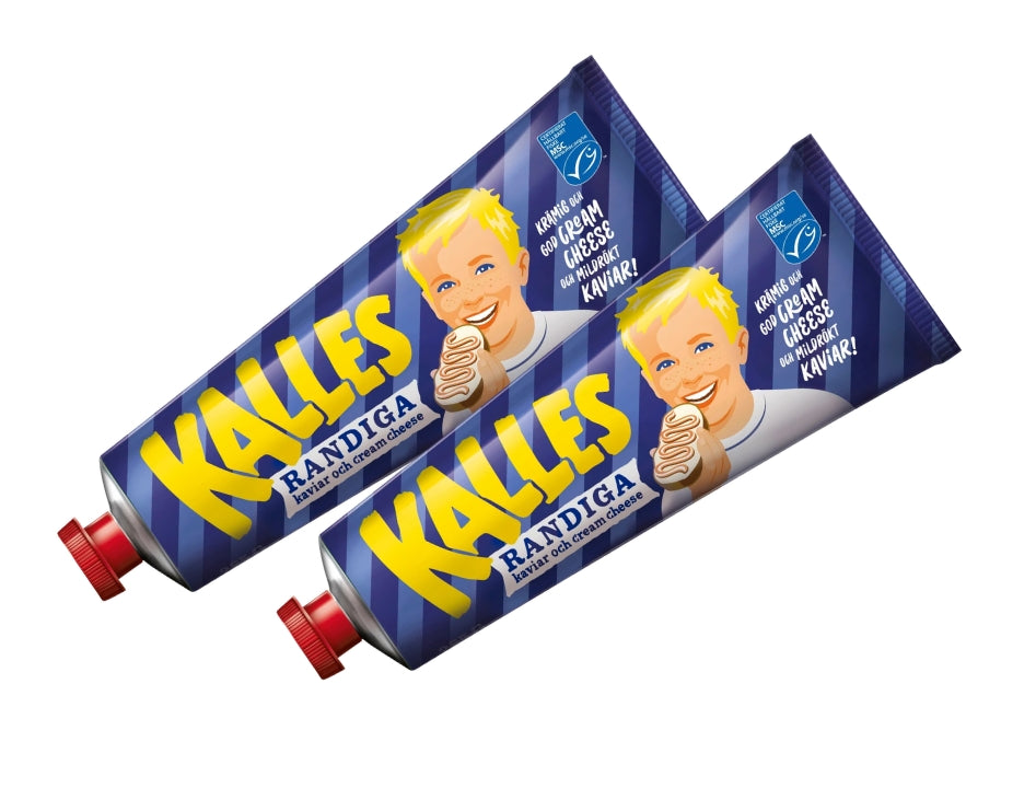 2 x Kalles Randiga 285g tubes – Swedish mild-smoked kaviar and cream cheese spread, made in Sweden
