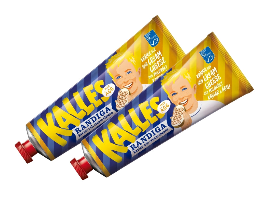 2 x Kalles Randiga Ägg 285g tubes – Swedish mild-smoked kaviar, cream cheese and egg spread with yellow and blue striped packaging, made in Sweden
