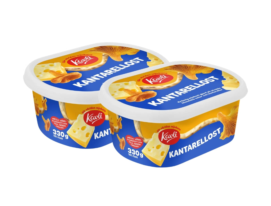 2 x Kavli KantarellOst 330g – two blue and yellow Swedish chanterelle cream cheese spread tubs side by side, Kavli logo, golden chanterelle mushroom and cheese illustrations, 15% fat, 330g each, 660g total, produced in Sweden
