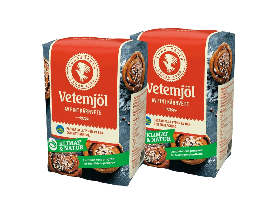 2 x Kungsörnen Kärnvetemjöl 1kg bags – Swedish all-purpose wheat flour made from Swedish-grown winter wheat
