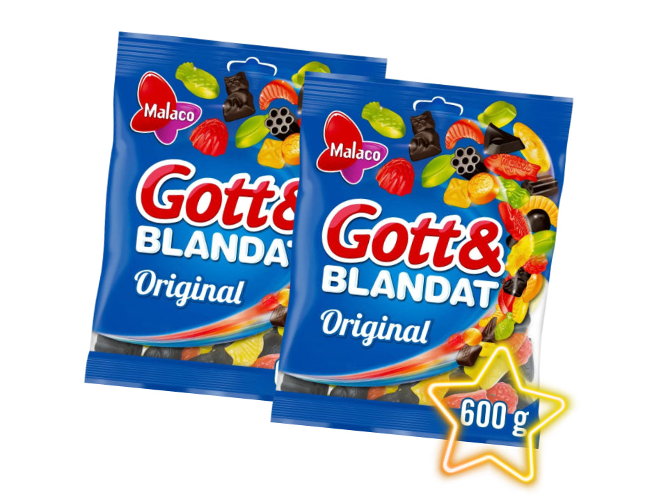 2 x Malaco Gott & Blandat Original 600g large Swedish candy bags with fruity wine gums salty liquorice and revolverlakrits