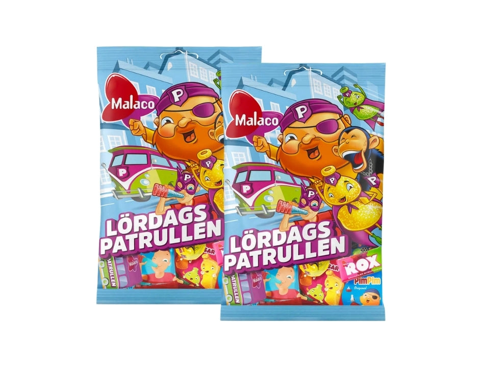 2 x Malaco Lördagspatrullen 155g bags – Swedish Saturday candy mix with PimPim, Djungelvrål and Gott & Blandat
