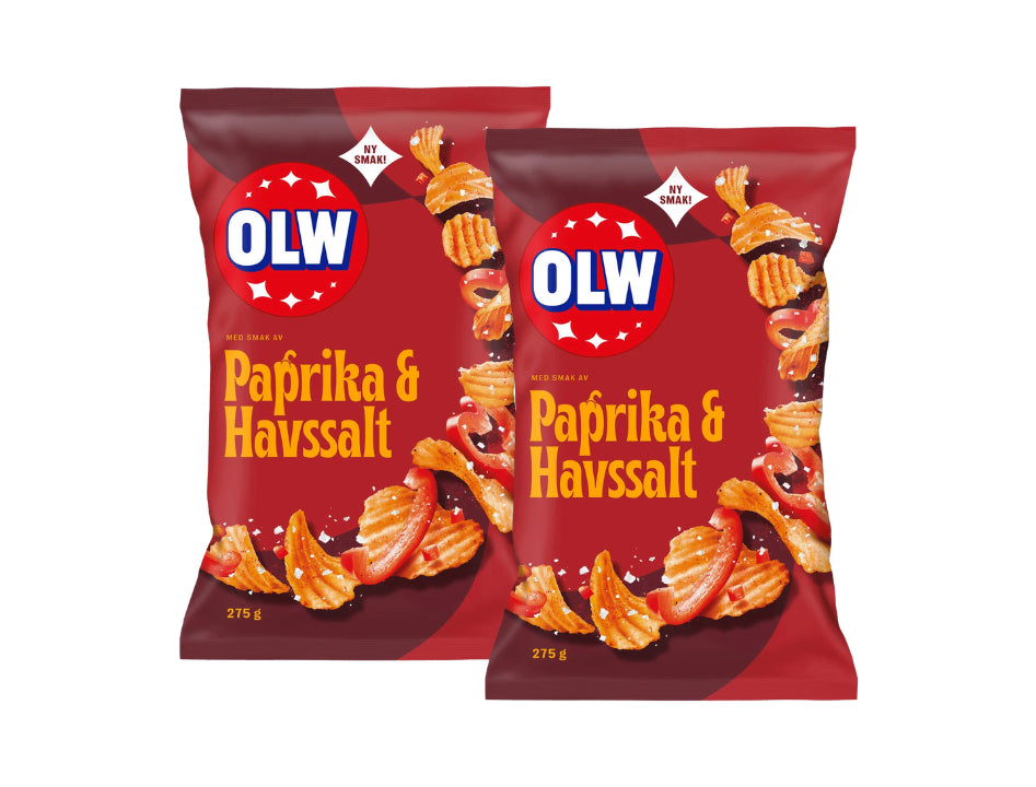2 x OLW Chips Röd Paprika and Havssalt 275g Swedish ridged potato chips with red paprika and sea salt