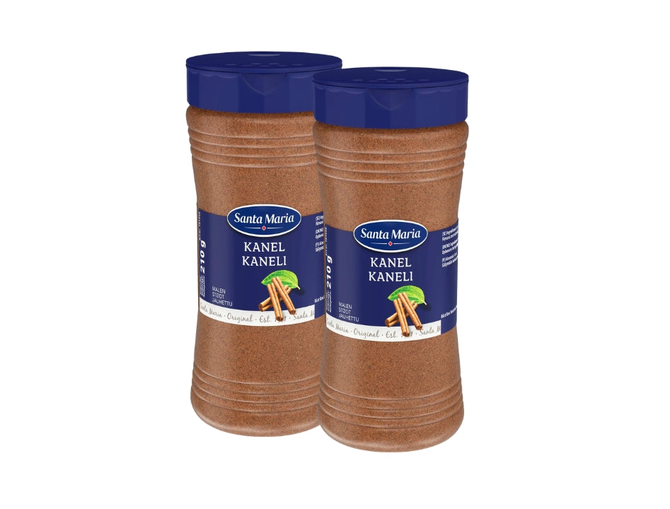 2 x Santa Maria Kanel Malen 210g jars – finely ground Swedish cinnamon (Cinnamomum burmannii) in large blue-lidded spice jars, made by Santa Maria
