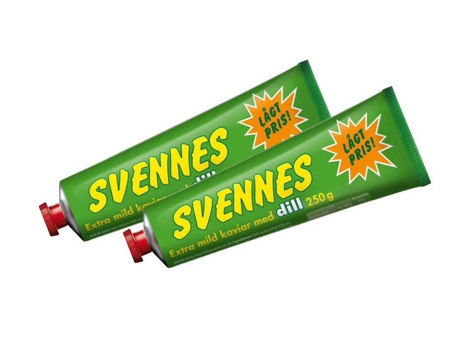 2 x Svennes Kaviar Dill 250g tubes – extra mild Swedish smoked fish roe spread with dill from Kungshamn
