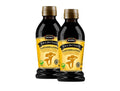 2 x Touch of Taste Kantarellfond 180ml – two dark glass bottles with gold caps and yellow labels showing chanterelle mushroom illustration, Bong brand, vegan, concentrated Swedish chanterelle stock, 180ml each, 360ml total
