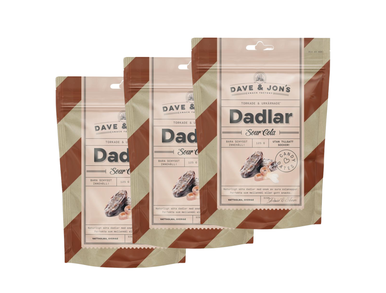 3 x Dave & Jon's Dadlar Sour Cola 125g – Swedish sour cola flavored dates in striped pouches, no added sugar, vegan
