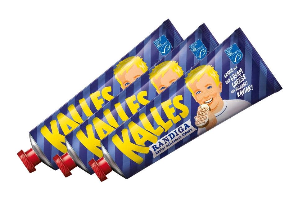 3 x Kalles Randiga 285g tubes – Swedish mild-smoked kaviar and cream cheese spread, made in Sweden
