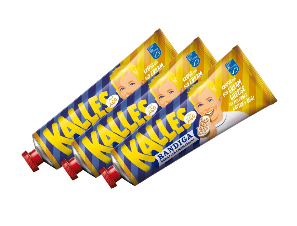 3 x Kalles Randiga Ägg 285g tubes – Swedish mild-smoked kaviar, cream cheese and egg spread with yellow and blue striped packaging, made in Sweden
