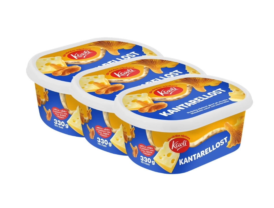 3 x Kavli KantarellOst 330g – three blue and yellow Swedish chanterelle cream cheese spread tubs stacked together, Kavli logo, golden chanterelle mushroom and cheese illustrations, 15% fat, 330g each, 990g total, produced in Sweden
