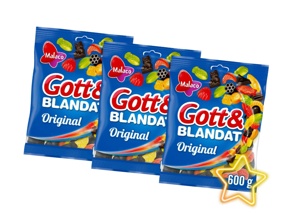 3 x Malaco Gott & Blandat Original 600g large Swedish candy bags with fruity wine gums salty liquorice and revolverlakrits