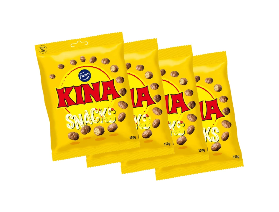 4 × Fazer Kina Gul Snacks (Puffar) 150g – Swedish white chocolate-coated puffed corn candy 4-pack

