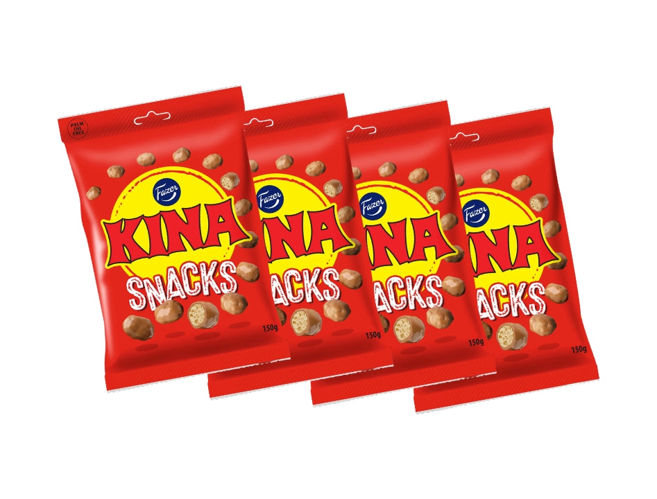 4 × Fazer Kina Röd Snacks (Puffar) 150g – Swedish chocolate-coated puffed corn candy 4-pack

