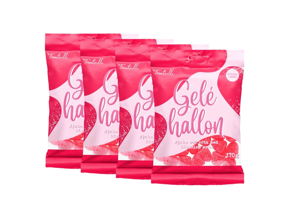 4 × Treatville Geléhallon 170g – Swedish Raspberry Jelly Candy Multipack, four bags of soft sugar-coated raspberry jelly candies from Sweden
