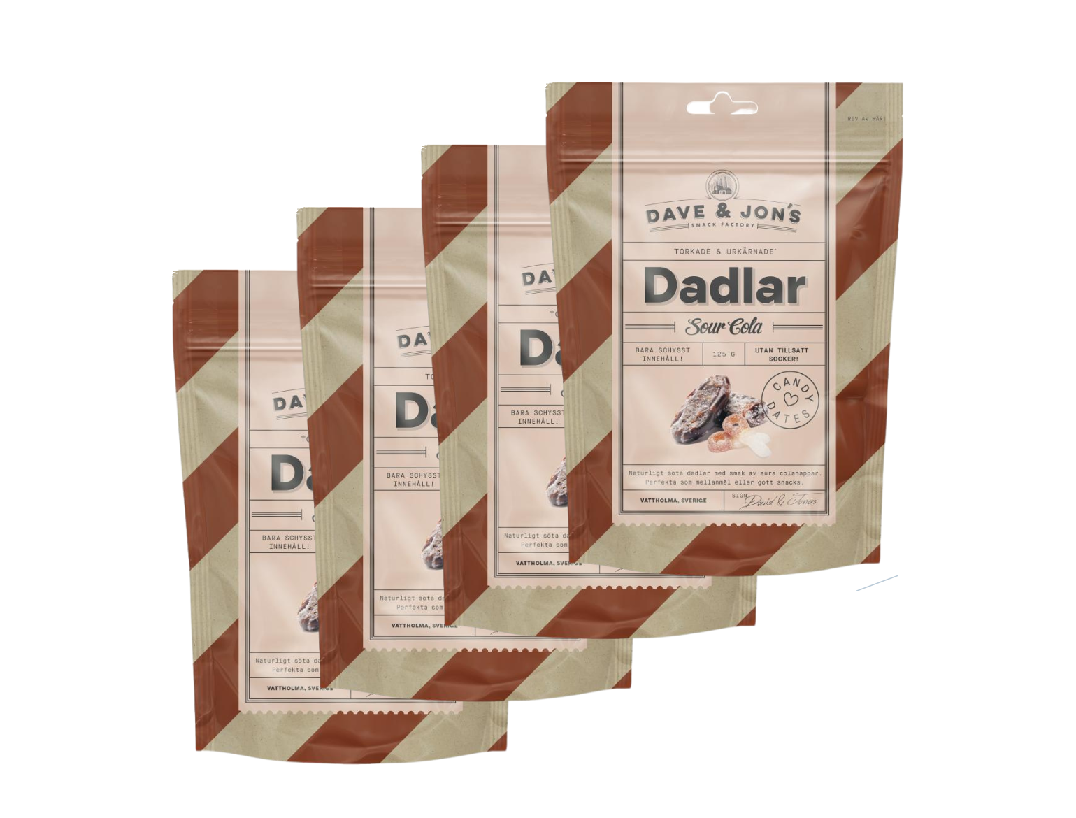 4 x Dave & Jon's Dadlar Sour Cola 125g – Swedish sour cola flavored dates in striped pouches, no added sugar, vegan
