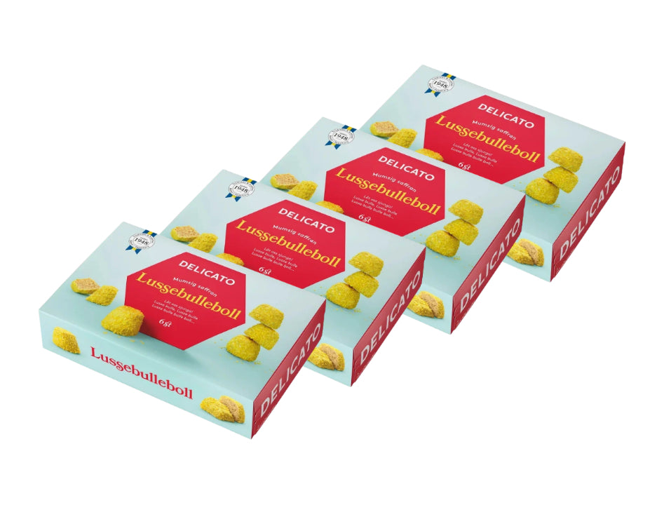 4 x Delicato Lussebulleboll 6-Pack 240g Swedish vegan saffron oat balls with white glaze and yellow coconut