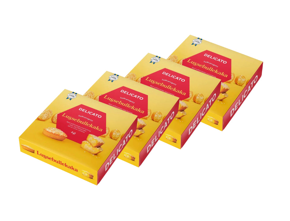 4 x Delicato Lussebullekaka 4-Pack 180g Swedish soft saffron cakes with vanilla filling and pearl sugar topping