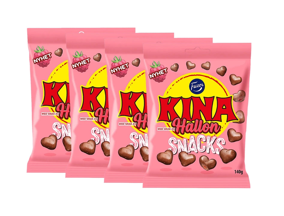 4 x Fazer Kina Snacks Hallon 140g bags – crispy raspberry chocolate-coated wheat puffs from Fazer
