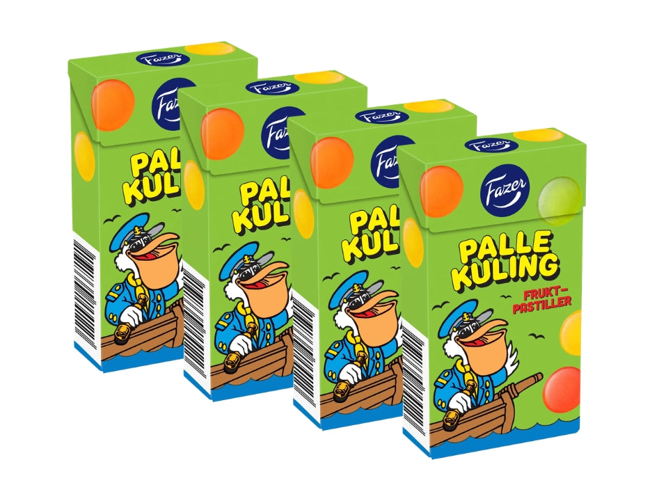 4 x Fazer Palle Kuling Fruktpastiller Tablettask 38g – four green candy boxes lined up showing the Palle Kuling captain character and colorful fruit dot illustrations, Fazer logo, soft fruit pastilles in pear, orange, raspberry & pineapple, 152g total
