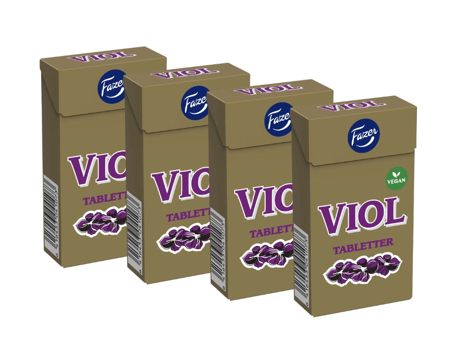 4 x Fazer Viol Tablettask 38g – four gold-brown candy boxes lined up showing VIOL lettering in purple, violet flower illustration and Fazer logo, vegan badge, Scandinavian violet-flavored pastilles with licorice, 152g total
