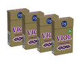 4 x Fazer Viol Tablettask 38g – four gold-brown candy boxes lined up showing VIOL lettering in purple, violet flower illustration and Fazer logo, vegan badge, Scandinavian violet-flavored pastilles with licorice, 152g total
