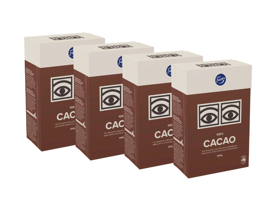 4 x Fazer Ögon Cacao 400g boxes – classic Swedish unsweetened cocoa powder with iconic eye logo, 100% cacao, made by Fazer
