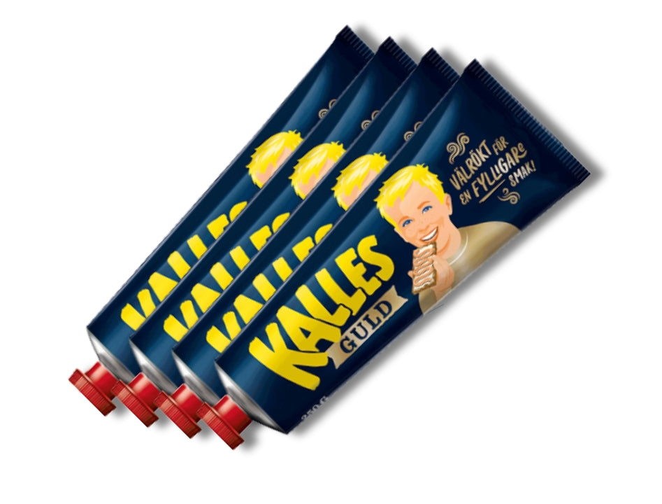 4 x Kalles Kaviar Guld 250g tubes – Extra smoky Swedish cod roe spread, smoked 7x longer than Kalles Original, made in Sweden
