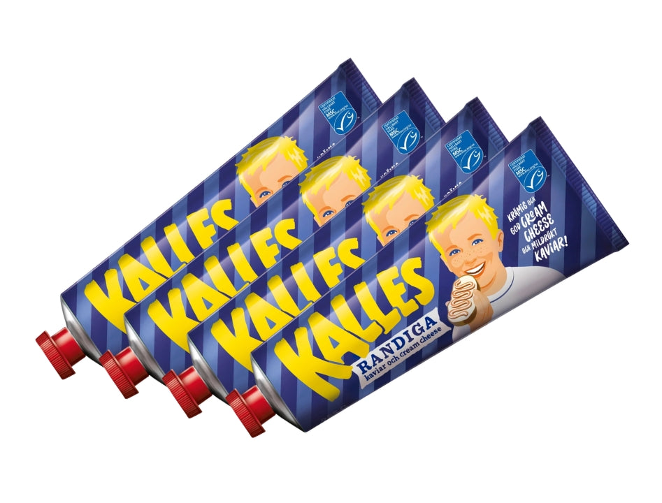 4 x Kalles Randiga 285g tubes – Swedish mild-smoked kaviar and cream cheese spread, made in Sweden
