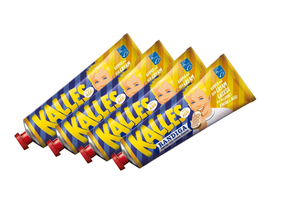 4 x Kalles Randiga Ägg 285g tubes – Swedish mild-smoked kaviar, cream cheese and egg spread with yellow and blue striped packaging, made in Sweden
