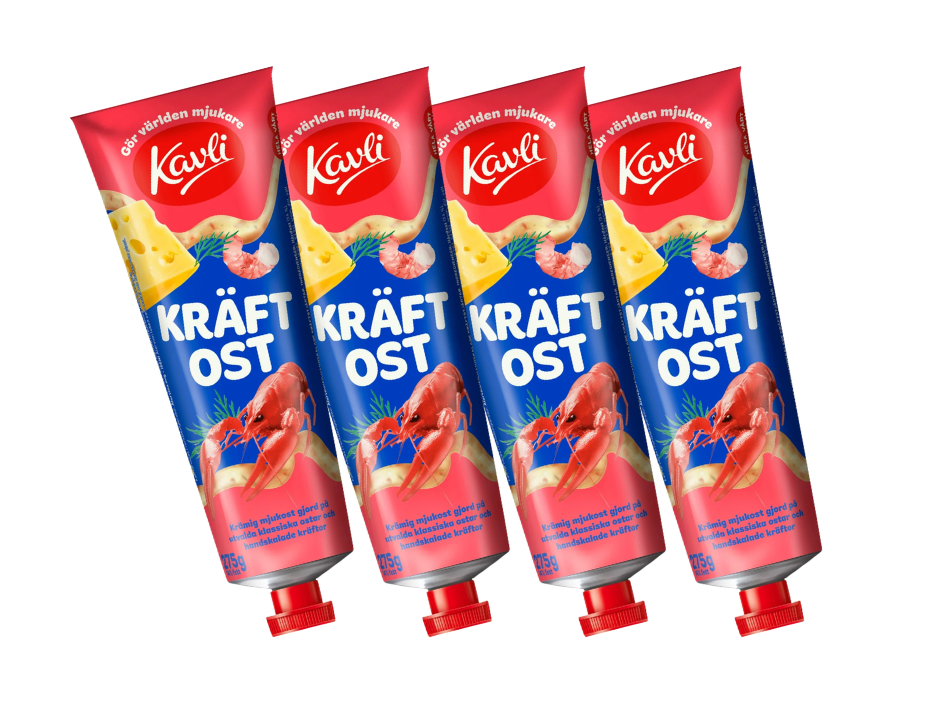 4 x Kavli Kräftost 275g – Swedish Crayfish Cheese Spread Multipack, 1,100g total, creamy cheese blended with real crayfish, authentic Swedish kräftskiva flavour
