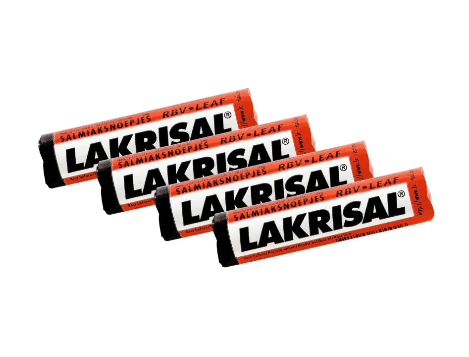 4 x Lakrisal 25g – four red and black Lakrisal rolls fanned out on a white background, LAKRISAL lettering in bold black, Salmiaksnoepjes RBV Leaf branding, strong Scandinavian salmiak licorice pastilles, 100g total
