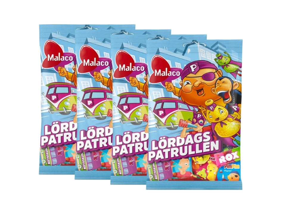 4 x Malaco Lördagspatrullen 155g bags – Swedish Saturday candy mix with PimPim, Djungelvrål and Gott & Blandat
