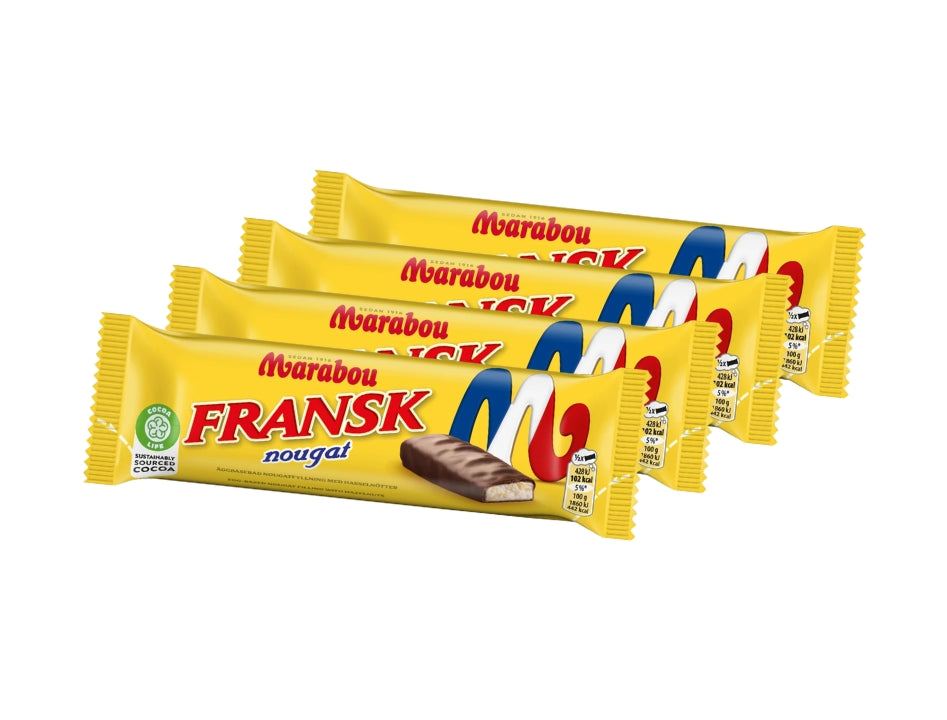 4 x Marabou Fransk Nougat Dubbel 46g – Chocolate-Covered French Nougat with Hazelnuts and Honey, 184g (6.5 oz)