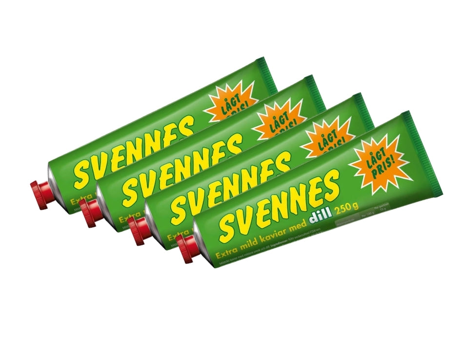 4 x Svennes Kaviar Dill 250g tubes – extra mild Swedish smoked fish roe spread with dill from Kungshamn
