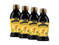 4 x Touch of Taste Kantarellfond 180ml – four dark glass bottles with gold caps and yellow labels showing chanterelle mushroom illustration lined up in a row, Bong brand, vegan, concentrated Swedish chanterelle stock, 180ml each, 720ml total
