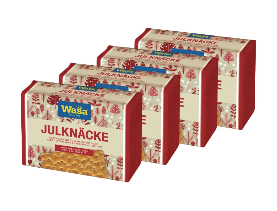 4 x Wasa Julknäcke 300g Swedish Christmas wheat crispbread packages with fennel anise and coriander for julbord and Christmas ham