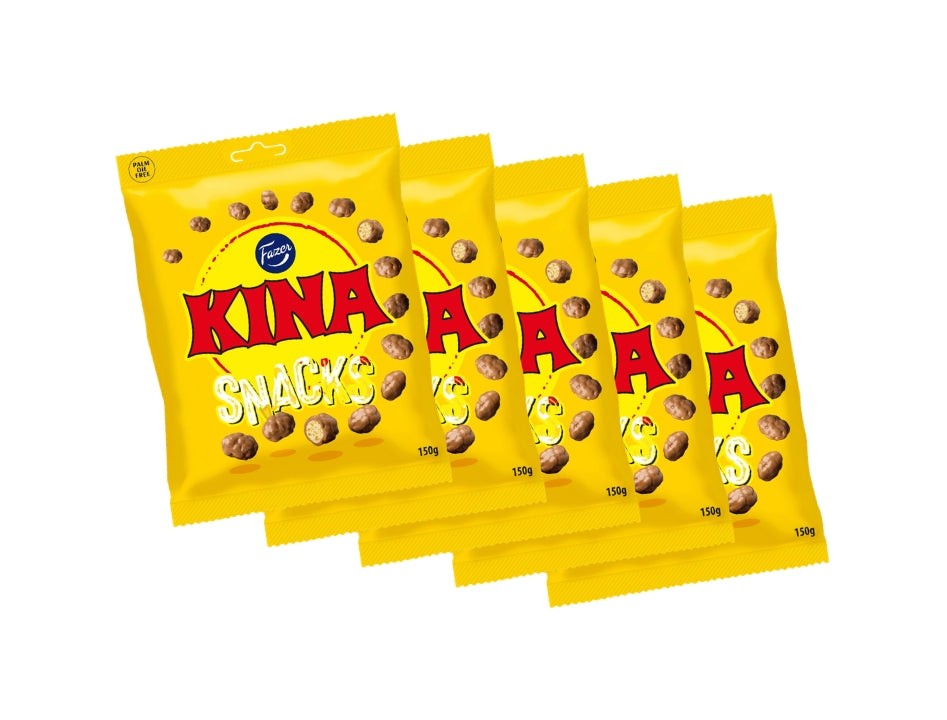 5 × Fazer Kina Gul Snacks (Puffar) 150g – Swedish white chocolate-coated puffed corn candy 5-pack

