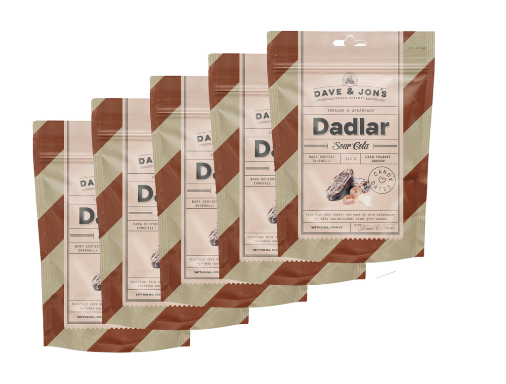 5 x Dave & Jon's Dadlar Sour Cola 125g – Swedish sour cola flavored dates in striped pouches, no added sugar, vegan
