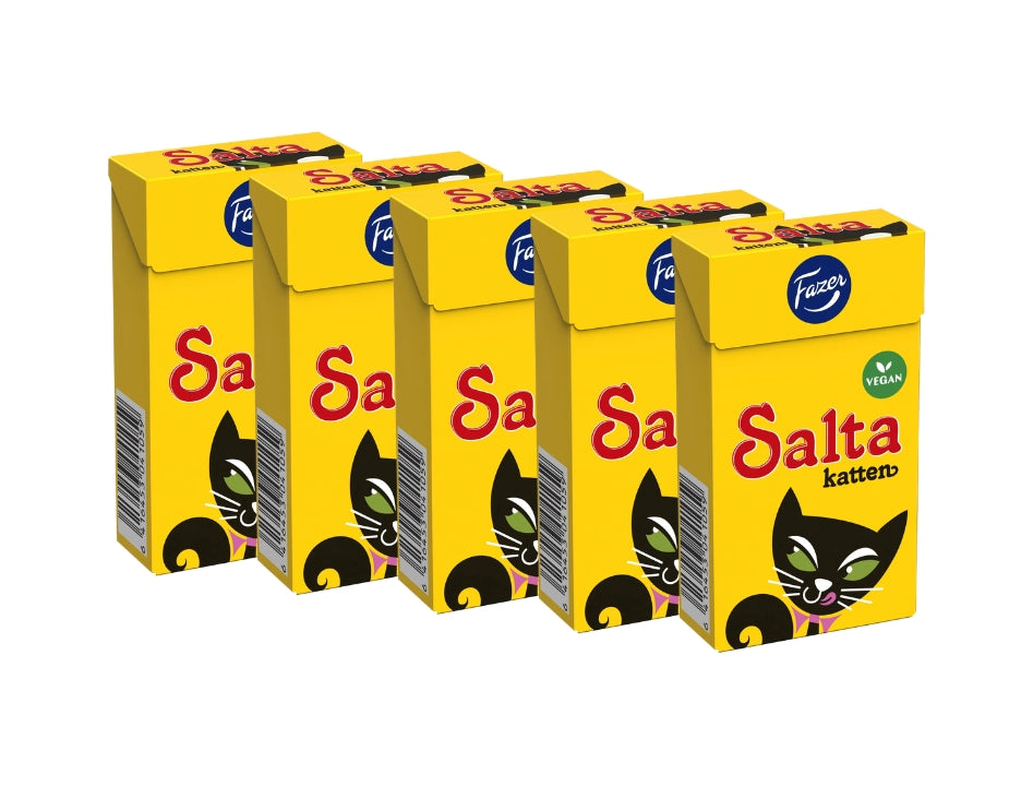 5 x Fazer Salta Katten Tablettask 38g – five yellow candy boxes with black cat illustration and Fazer logo, vegan salmiak and salty licorice pastilles from Finland, 190g total
