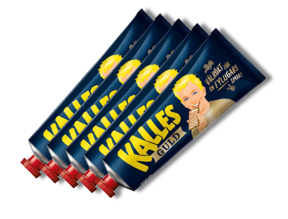 5 x Kalles Kaviar Guld 250g tubes – Extra smoky Swedish cod roe spread, smoked 7x longer than Kalles Original, made in Sweden

