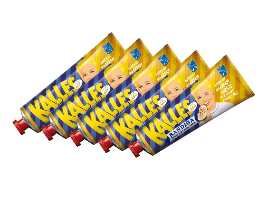 5 x Kalles Randiga Ägg 285g tubes – Swedish mild-smoked kaviar, cream cheese and egg spread with yellow and blue striped packaging, made in Sweden

