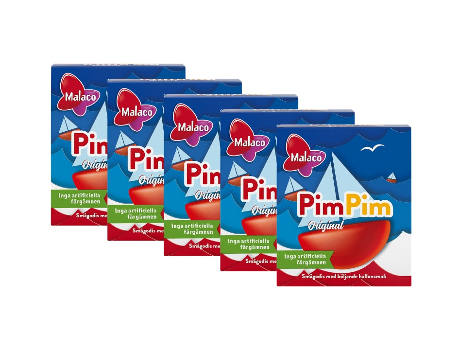 5 x Malaco PimPim Original Tablettask 20g – five blue and red candy boxes fanned out showing sailing boat illustration and Malaco logo, Swedish raspberry-flavored chewy candy boats, no artificial colors, 100g total
