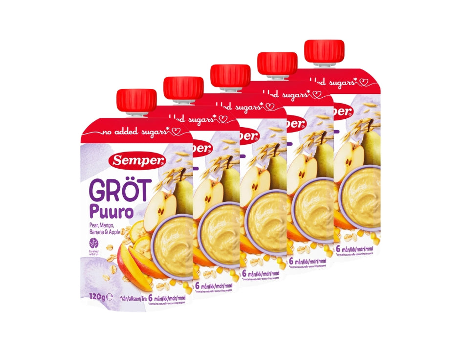 5 x Semper Gröt med Päron, Mango, Banan & Äpple – Swedish Oat Porridge Pouches for Babies from 6 Months, 5 x 120g

