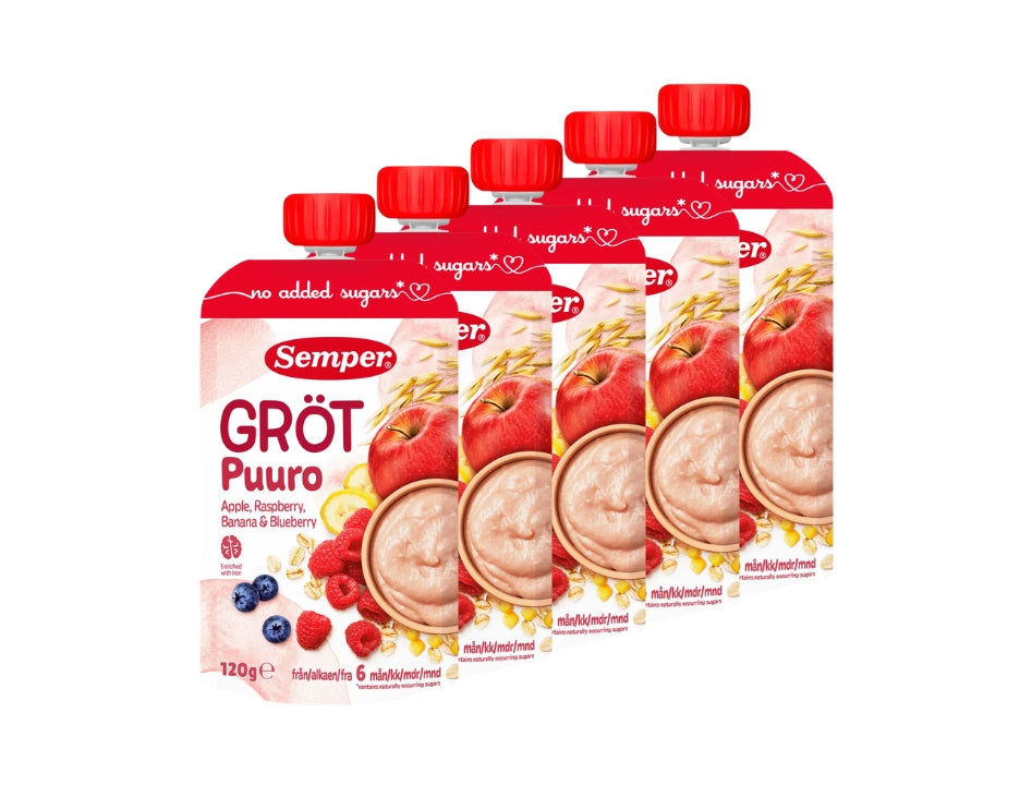 5 x Semper Gröt med Äpple, Hallon, Banan & Blåbär – Swedish Oat Porridge Pouches for Babies from 6 Months, 5 x 120g



