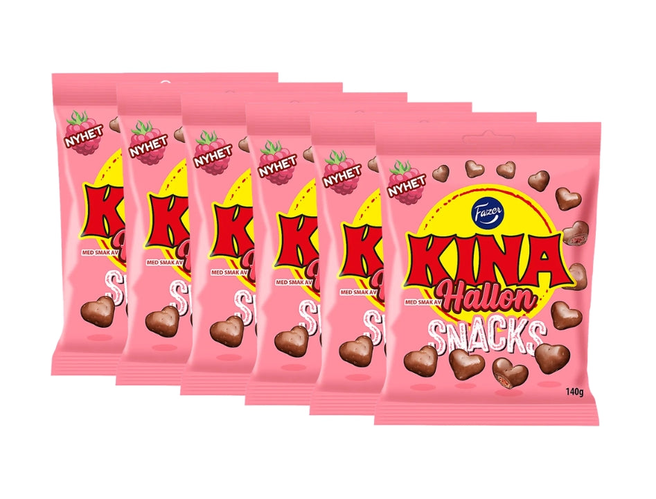 6 x Fazer Kina Snacks Hallon 140g bags – crispy raspberry chocolate-coated wheat puffs from Fazer
