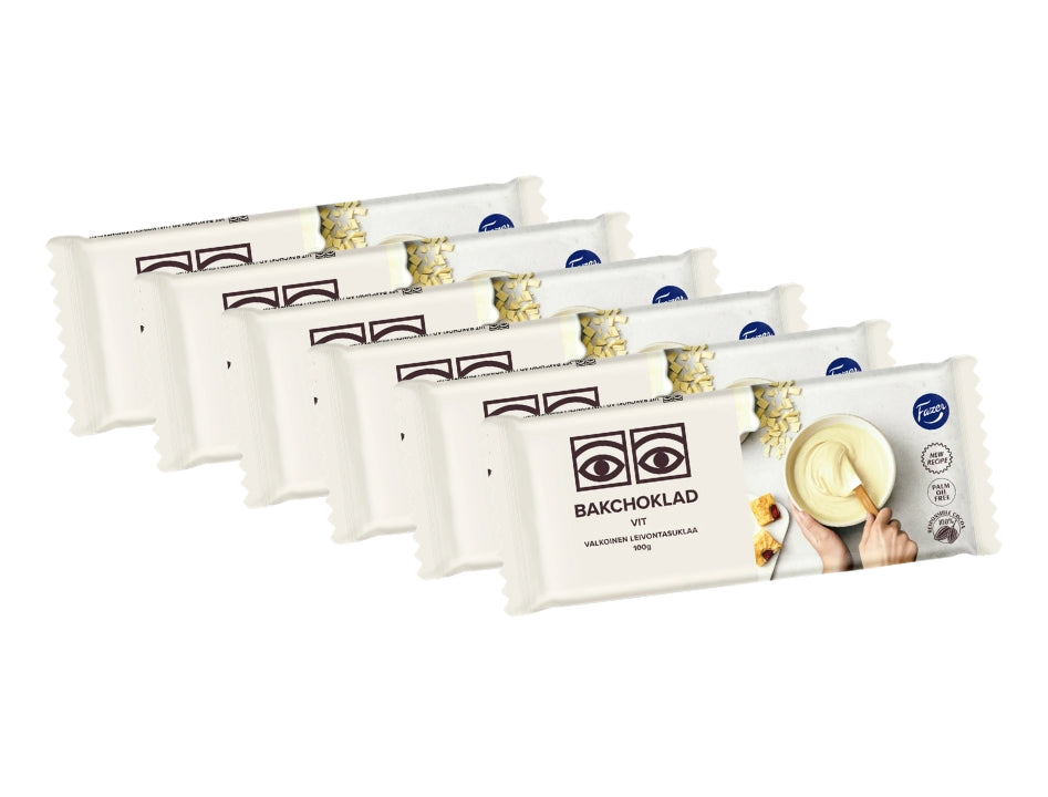 6 x Fazer Ögon Bakchoklad Vit 100g – Swedish white baking chocolate bars with iconic eye logo, palm oil free, 100% responsibly sourced cocoa, made by Fazer
