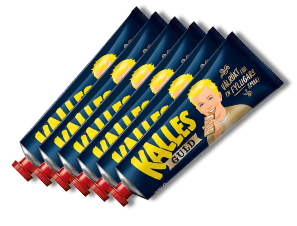 6 x Kalles Kaviar Guld 250g tubes – Extra smoky Swedish cod roe spread, smoked 7x longer than Kalles Original, made in Sweden

