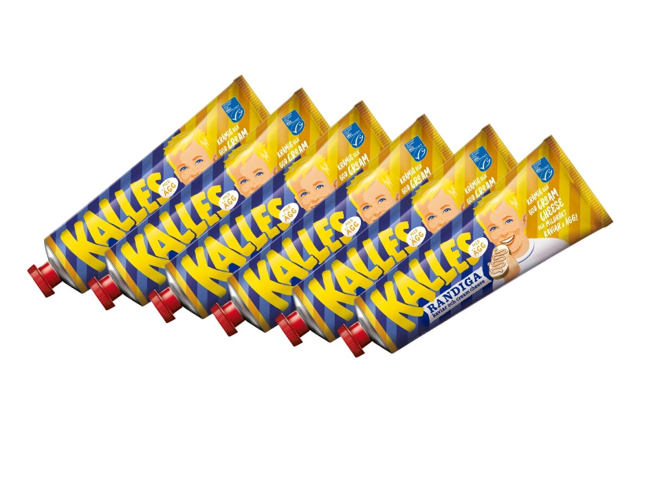 6 x Kalles Randiga Ägg 285g tubes – Swedish mild-smoked kaviar, cream cheese and egg spread with yellow and blue striped packaging, made in Sweden
